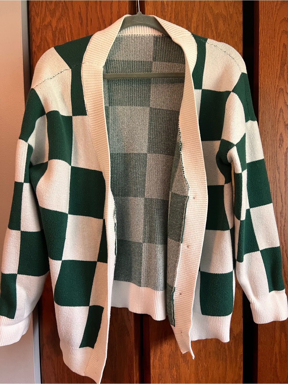 Green and Cream Checkered Button-Front Women's Cardigan - Picture 2 of 3